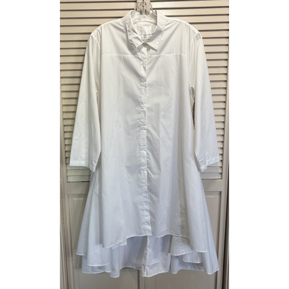 Step In Style Classic White Button Up Shirt Dress Long Sleeve Size Large High/Lo